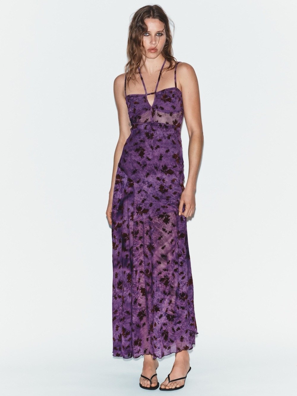 Zara Purple Flocked Floral Tulle Maxi Dress Halter S